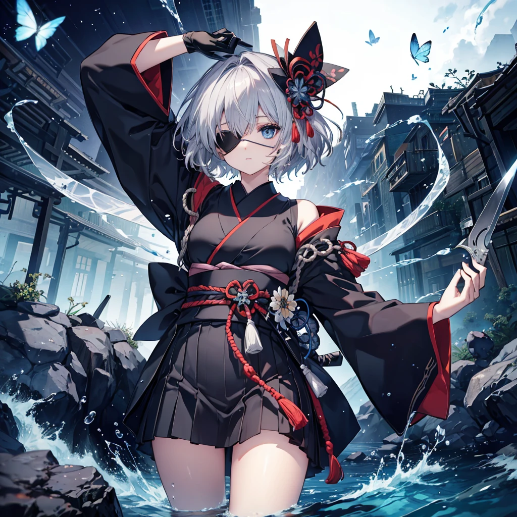 (((1 person Put on an eye patch Gray Hair))) ((High resolution short hair Black kimono Shoulder Rin々Funny face knifeを胸の前で構える)) ((Black Band samurai Lonely despair blue eyes Close-up)) ((Blue Butterfly night Japanese style old Shining Aura garden water surface Catch the wind)) (dance 日本knife knife Slashing) 月night moonlight star Draw your sword Shining Background Shining Edge