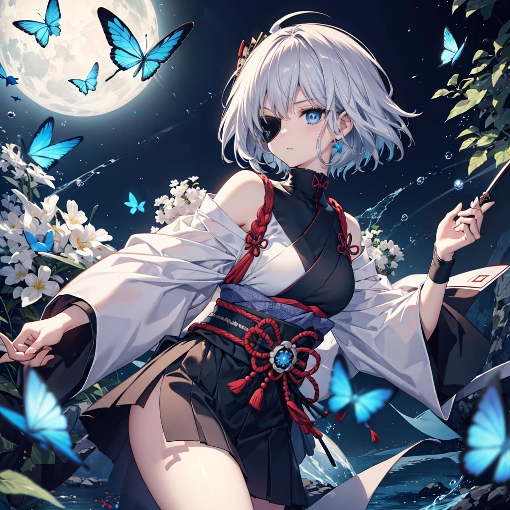 (((1 person Put on an eye patch Gray Hair))) ((High resolution short hair Black kimono Shoulder Rin々Funny face knifeを胸の前で構える)) ((Black Band samurai Lonely despair blue eyes Close-up)) ((Blue Butterfly night Japanese style old Shining Aura garden water surface Catch the wind)) (dance 日本knife knife Slashing) 月night moonlight star Draw your sword Shining Background Shining Edge