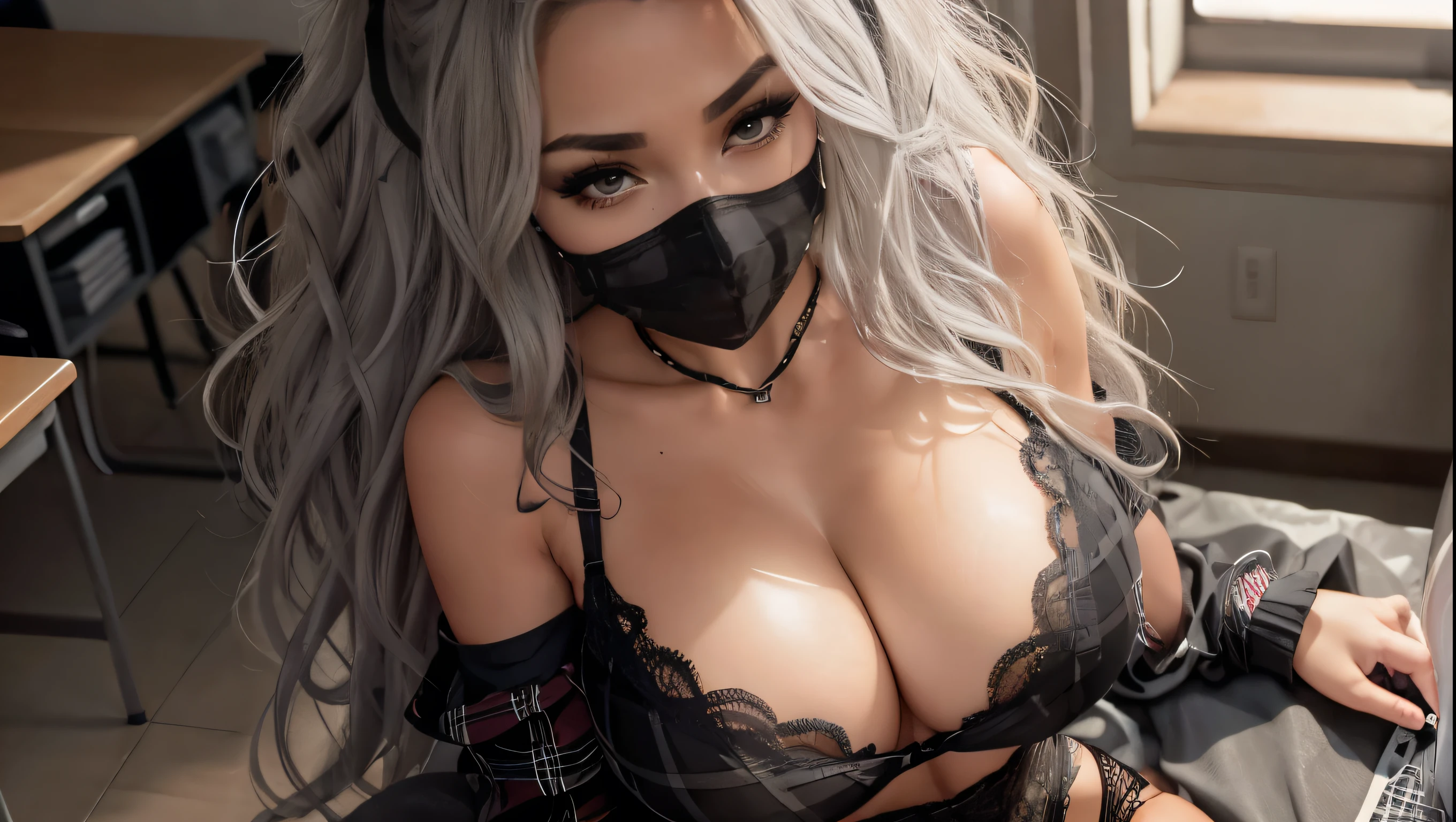 Beautiful young model woman, light skin, mixed japanese, large breasts, super low cut shirt, black plaid micro, long 
grey wavy hair, classroom, sexy black lace lingerie, black mask, photographed from above