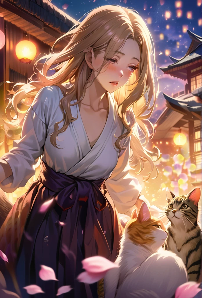 (Yumeji Takehisa style:1.2) , Hallucination, daydream , nightmare , Insane Dream , bokeh , erotica , romance , realistic mouse nymph and realistic cat , Women's hakama from the Meiji period , Petals fluttering down , Single eyelids, round nose, swollen cheeks , glossy lips , Collarbone , Hair blowing in the wind , Meiji period