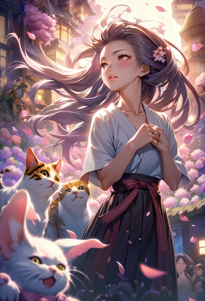 (Yumeji Takehisa style:1.2) , Hallucination, daydream , nightmare , Insane Dream , bokeh , erotica , romance , realistic mouse nymph and realistic cat , Women's hakama from the Meiji period , Petals fluttering down , Single eyelids, round nose, swollen cheeks , glossy lips , Collarbone , Hair blowing in the wind , Meiji period