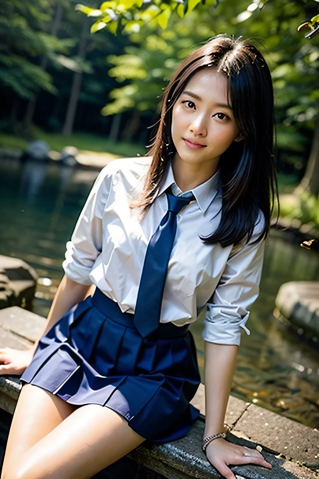 masterpiece、high resolution、High definition、Esbian all over、Summer clothes、Blue tie、Blue Skirt、Beautiful girl, high school girl、15-year-old student、Hairstyle with bangs、great outdoors、Blue Swamp in the Coniferous Forest、Beautiful girlが水の中を歩いてここに来る、Embarrassment、confusion、Ephemeral、Dark Sky、Side light、Noise Reduction、Pale, soft light、Diffuse Light、