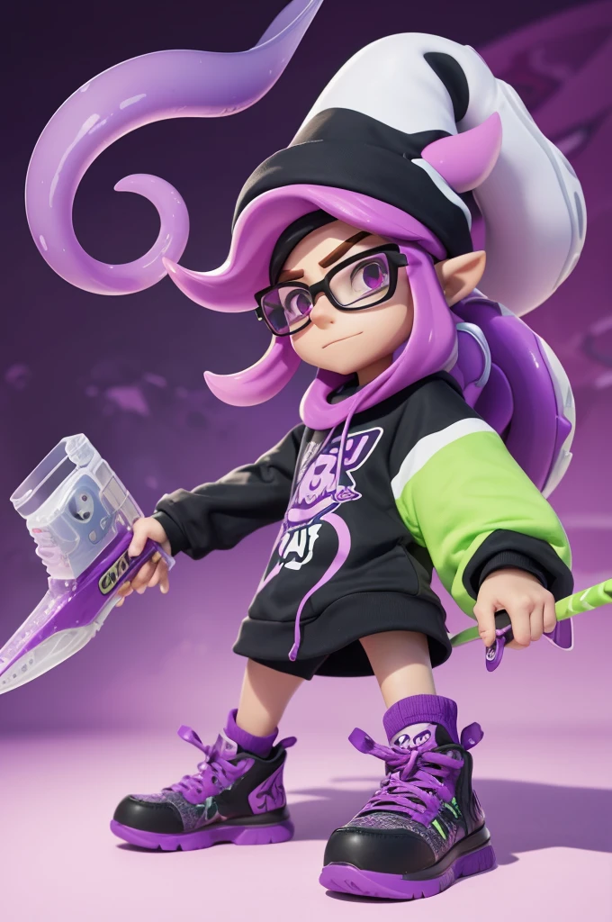 a close up of a cartoon character with a purple hat and glasses, with splatoon style, squid, portrait of a squid wizard, with a squid tattoo, squids, with a squid tattoo on his arms, splatoon 3, holding a squid, splatoon, full body picture, lineless, octan render, new character, very angry squid, epic 3 d omolu