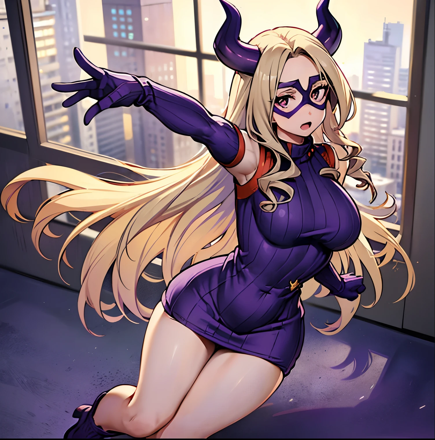 1 girl, alone, mount lady, masterpiece, ultra detailed, cowboy shot, good lighting, curvy body, dynamic pose, long hair, pierced hair, blonde hair, red eyes, (purple horns), big breasts, waist medium,wide hips,medium thighs,round butt,(domino mask),((purple sweater dress:1.4)),((ribbed sweater:1.4)),((turtleneck:1.2)),bare arms,bare legs ,purple heels,thighs,dutch angle,depth of field,eye focus,floating hair,floating,looking at viewer,fighting,serious,open mouth,night,night sky,room,hotel,window,city lights,looking towards forward, ((focus on breasts)), pov (from above), perfect anatomy, perfect hands