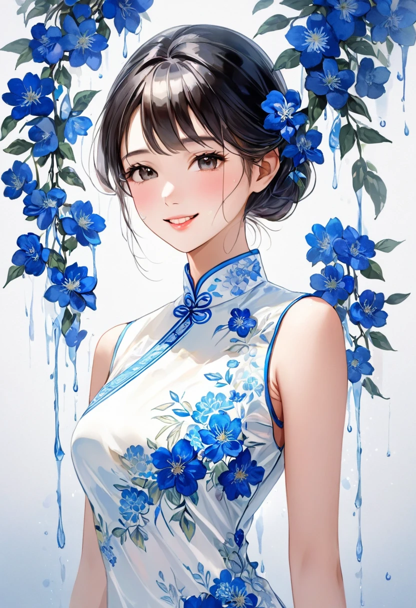 ( Perfect anatomical structure )   The beautiful girl wearing a long white silk cheongsam and blue embroidered flowers has a beautiful face and a gentle smile. The artistic conception of the digital art illustration is a simple and abstract light basket ink dripping. The proportions of the figure are delicate and realistic. Art oil painting digital style.