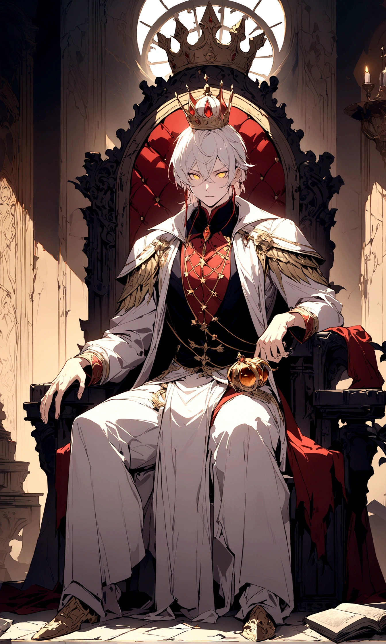 A white-haired, golden-eyed prince sits on a majestic throne inside an abandoned palace with crown holding a clock in his hand. The environment around him is dark and gloomy, with cracks in the walls and cobwebs hanging there. The throne is ornate, with details in gold and precious stones, and is covered by a dusty cloth. The protagonist is wearing royal clothing, with a determined expression on his face, as he stares at the horizon with glowing golden eyes, masterpiece, best quality, ultra-detailed, illustration, 8k resolution concept art, fantasy art, epic art, concept art wallpaper 4k, deep color, natural lighting. adult, handsome, tall muscular guy, broad shoulders.