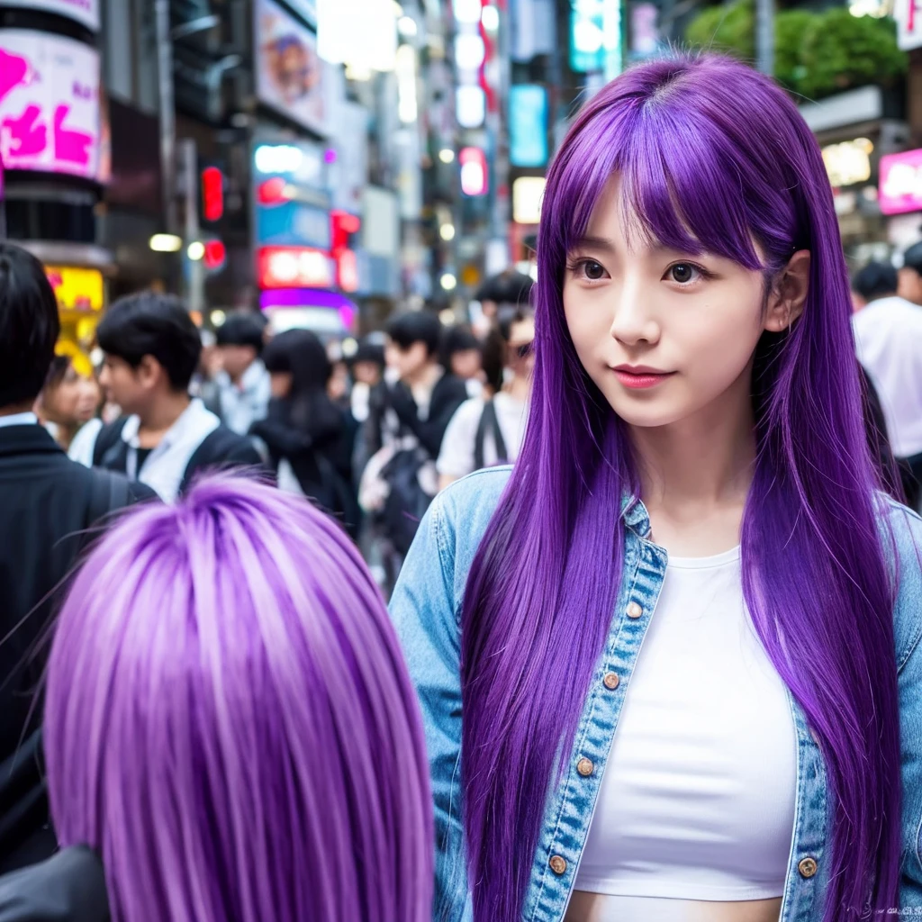 1woman hair purple, mid 20 years old, body, in the Tokyo ,vibrant colors, ultra high realistic, ultra high quality
