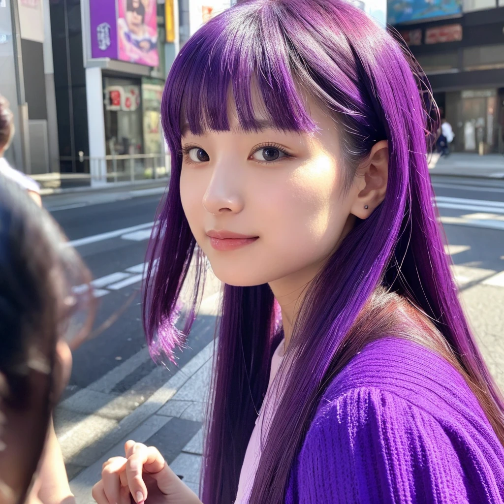 1woman hair purple, mid 20 years old, body, in the Tokyo ,vibrant colors, ultra high realistic, ultra high quality