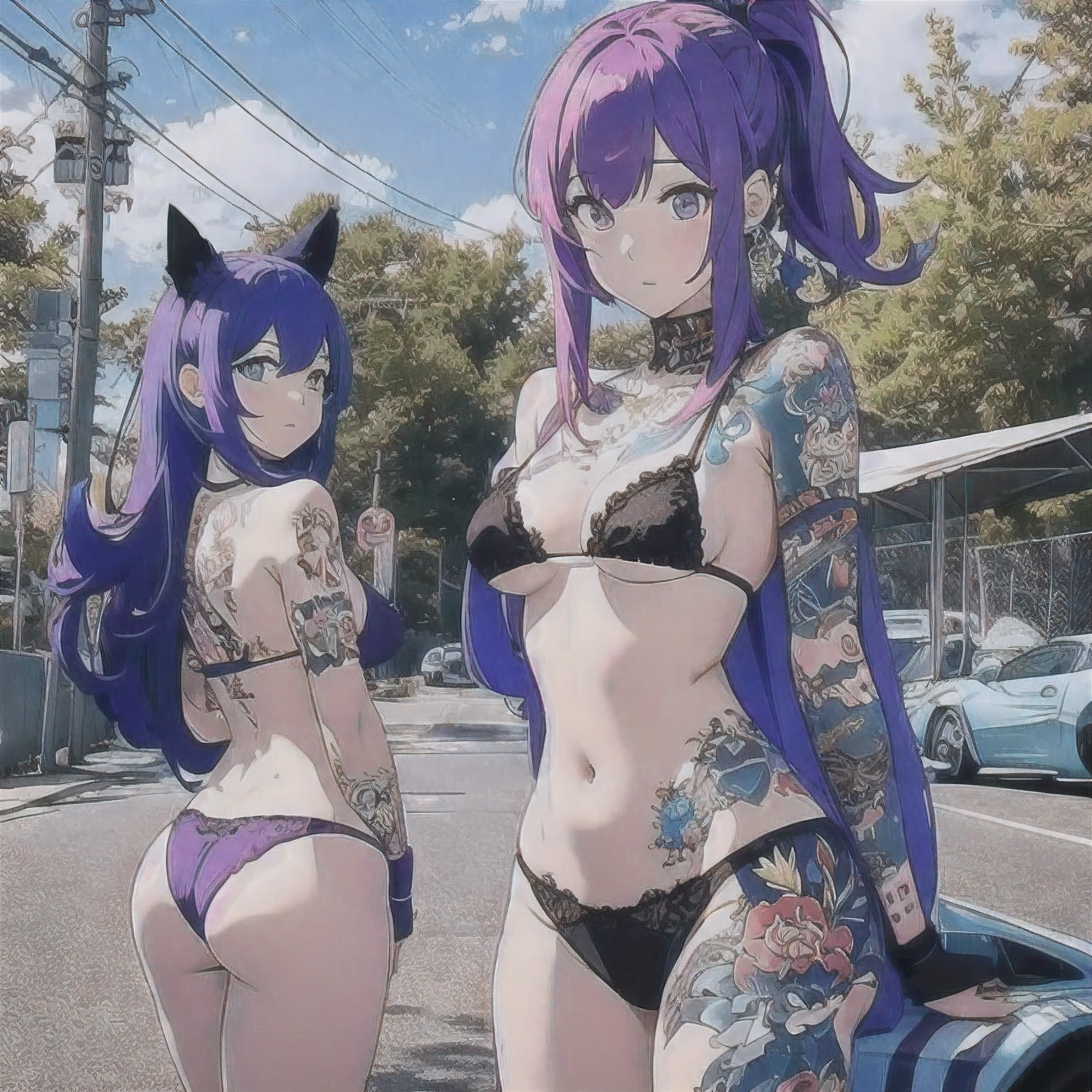2 anime girls, topless, wearing blue panties, tattoos their chest, tattoos on their arms, standing next to a purple lowrider car, by the lake, 8k, full frame