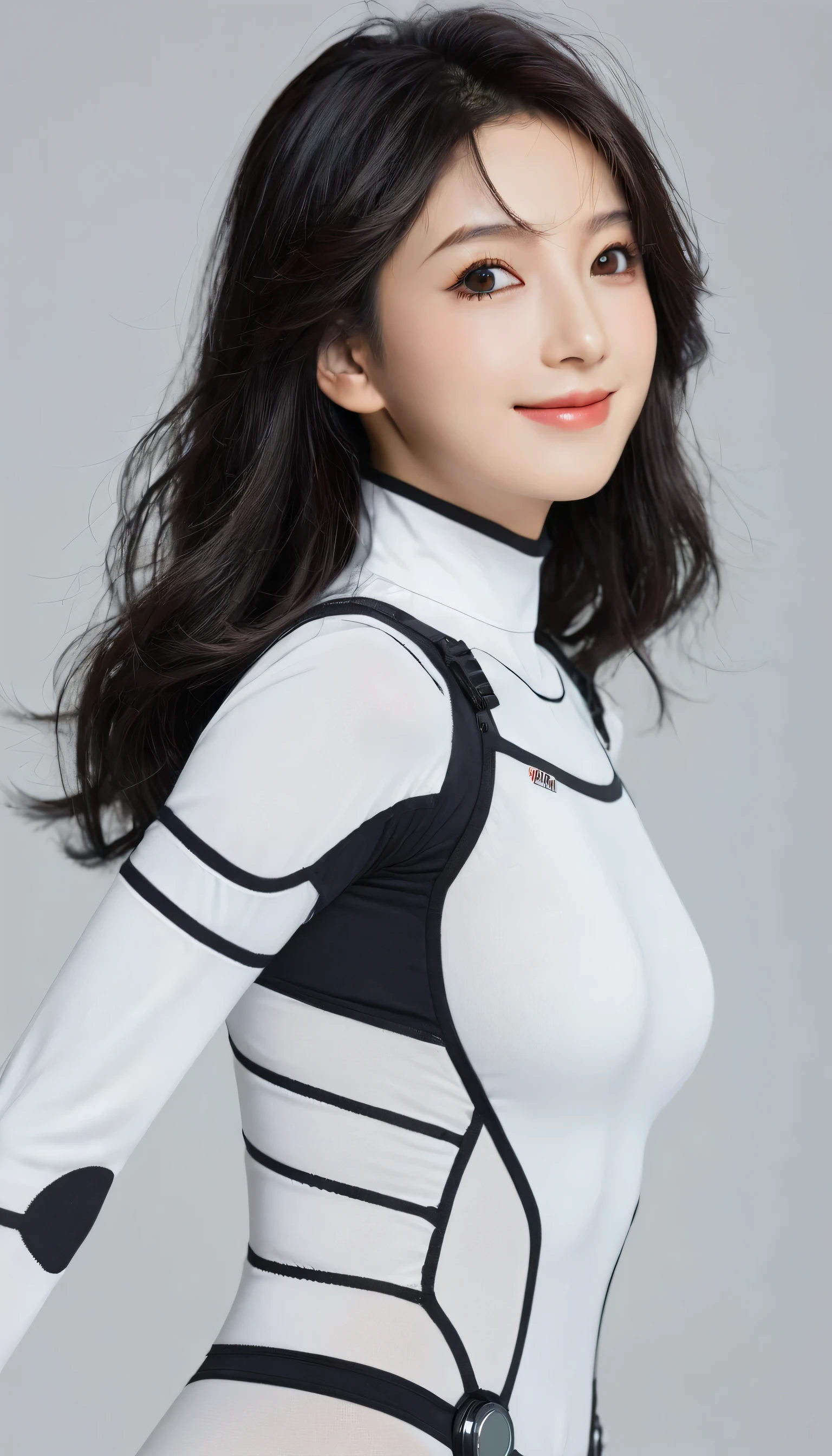 (Upper Body), (Practical, [Japanese cartoons]), (3d:0.3), Dramatic Lighting, ((masterpiece)),(quality),(high resolution), Tall Void Star Lady, [[Covering the abdominal muscles]], ((X-Ray Power Armor|Lined tights|White Power Armor) Robotic Arm), Long black hair cut short, [Smile], Small Breasts, Cover the navel, Eyeliner, eyelash, Perfect face, Beautiful nose, Fine pupils, beautiful eyes, Delicate eyes, Brown eyes, Perfect lips, Posture on the display, Simple background, [My Hero Academia], (set:1) ,  