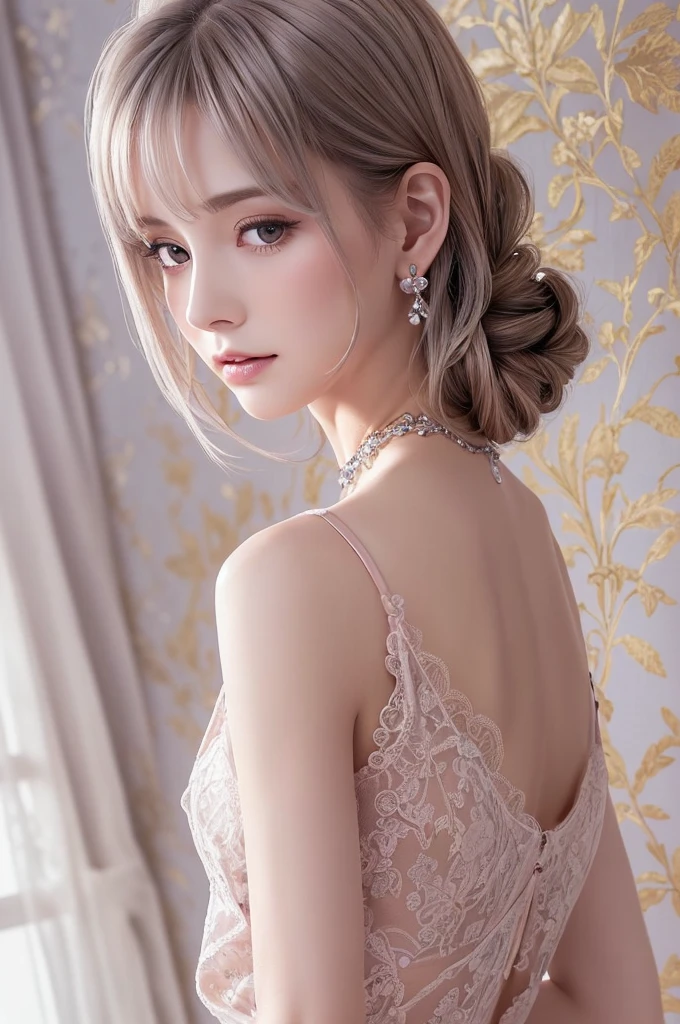 pink lace thong&bra, (((Very elegant and beautiful, Perfect detail, Super detailed))), whole body, The most detailed girl, Depth of written boundary, 美しく詳細なwhole body, Thin legs, 1 girl, 30 years old, Very short hair, Spiked Hair, Gray and silver hair, Beautiful detailed hair, Perfect Face, Expressionless, Beautifully detailed deep eyes, Open your mouth a little, Delicate arms and hands, Pale skin, Earrings, Beautiful and gorgeous necklace, Colorful background, HD background, Blurred Background, Very delicate and beautiful, Masterpiece, (((highest quality, Very beautiful 8K CG wallpaper))), (((Trendy hairstyles))), (Inside the room,Stylish interior,window),