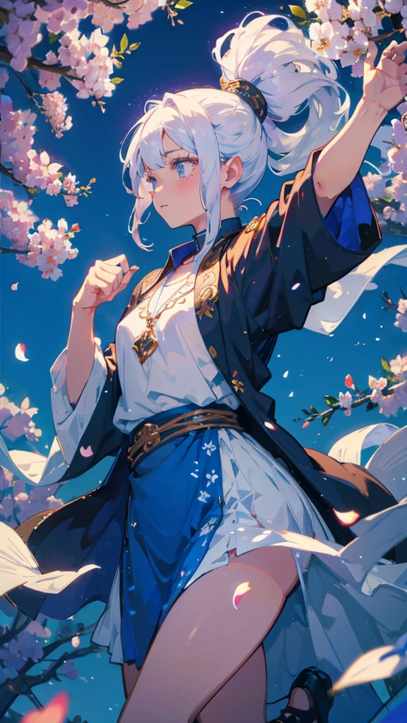 Highest quality、８K、masterpiece、A hill covered in flowers、Beautiful elven girl dancing（Wizard Robe、Tattoo:5、White Hair、Long ponytail）、There are three friends around
