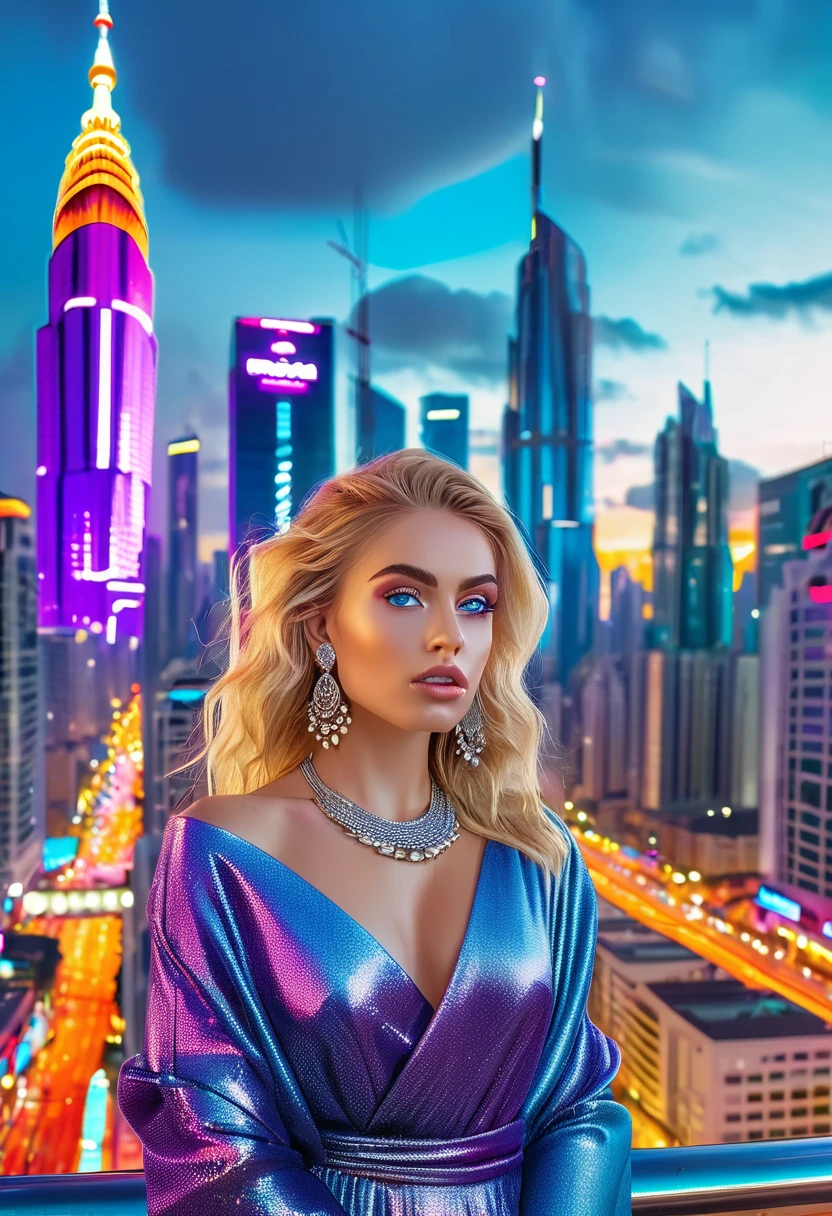 a stunning spanish woman with golden hair and piercing blue eyes, wearing fashionable clothing and jewelry, standing in front of a luxurious cityscape with skyscrapers and neon billboards, (best quality,4k,8k,highres,masterpiece:1.2),ultra-detailed,(realistic,photorealistic,photo-realistic:1.37),portrait,photography,cinematic lighting,detailed environment,vivid colors,fashion,luxury,cityscape