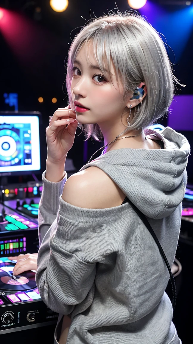 highest quality, Tabletop, 超A high resolution, (Realistic:1.4), (Japanese Idols),RAW Photos, One Girl, night,Detailed skin,nightclub,disco,(bionde:1.2), (silver inner hair:1.3),Glossy lips,28 years old,Beautiful and beautiful eyes,eye shadow,Diamond jewellery,Earrings,Gold Jewelry,(hoodies:1.3),,(Strengthening shoulders:1.2),A well-trained body,(Pixie Cut),Round face,(playing music as a dj:1.5),  (dj:1.2) playing at a vibrant (music festival:1.2) with (energetic crowd:1.1) and (colorful stage lights:1.1), (Back view:1.5 ),Back view,(Distant composition),(back of head),Composition from behind,(Facing forward:1.5)
