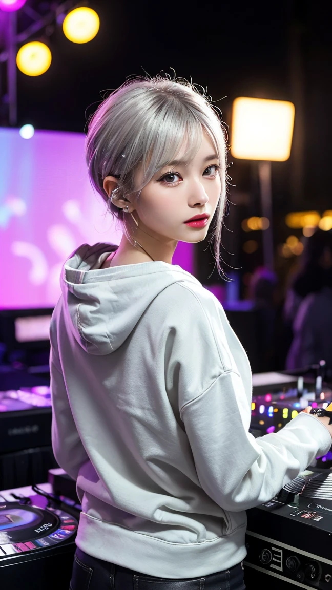 highest quality, Tabletop, 超A high resolution, (Realistic:1.4), (Japanese Idols),RAW Photos, One Girl, night,Detailed skin,nightclub,disco,(bionde:1.2), (silver inner hair:1.3),Glossy lips,28 years old,Beautiful and beautiful eyes,eye shadow,Diamond jewellery,Earrings,Gold Jewelry,(hoodies:1.3),,(Strengthening shoulders:1.2),A well-trained body,(Pixie Cut),Round face,(playing music as a dj:1.5), (dj:1.2) playing at a vibrant (music festival:1.2) with (energetic crowd:1.1) and (colorful stage lights:1.1), (Back view:1.5 ),Back view,(Distant composition),(back of head),Composition from behind,(Facing forward:1.5)
