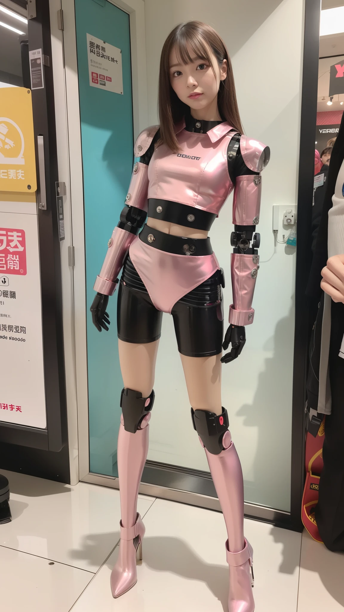 Robot Girl, pink, Silver, Metallic body, Robot Parts, Metal Parts, Super Detailed Face, Super well-formed face, of the highest quality, a small face, a small head, Brown hair, Slender body, Camera gaze, Internal Mechanical Exposure, Idol, front facing, Well-proportioned body, sale, Exhibited, Event Hall, Moe Pose, pink metallic Lolita dress machine armor, Standing with legs open, Model body type, sad, Embarrassing,(Perfect Robot Girl),(Perfect machine body)