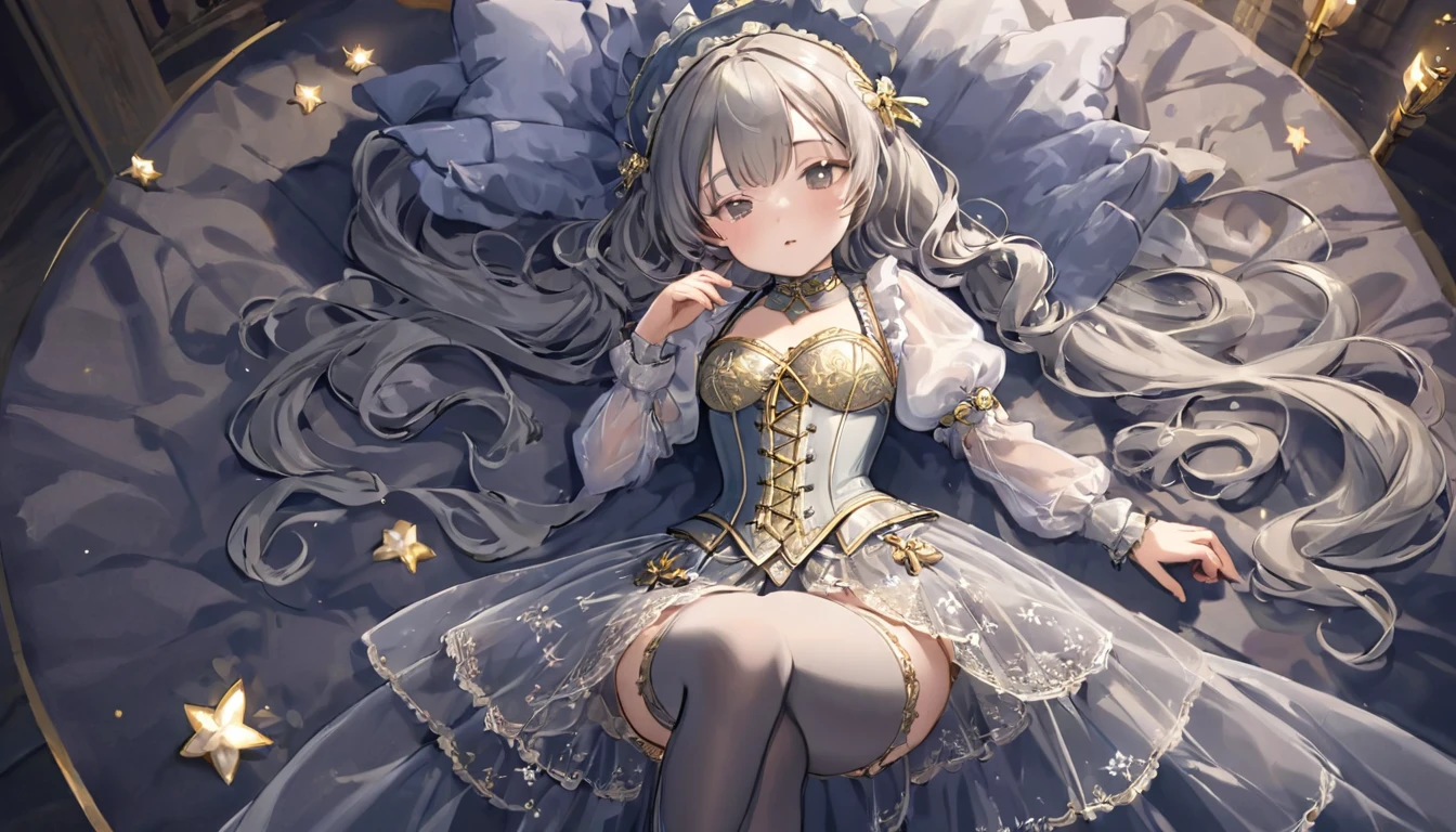 8 year old medieval girl, 1people、In underwear、Gold and silver thread embroidery、Translucent underwear drawers that reach below the knee(bloomers)Wearing、Wearing a semi-transparent corset、Translucent slip, Grey translucent tights、sleep