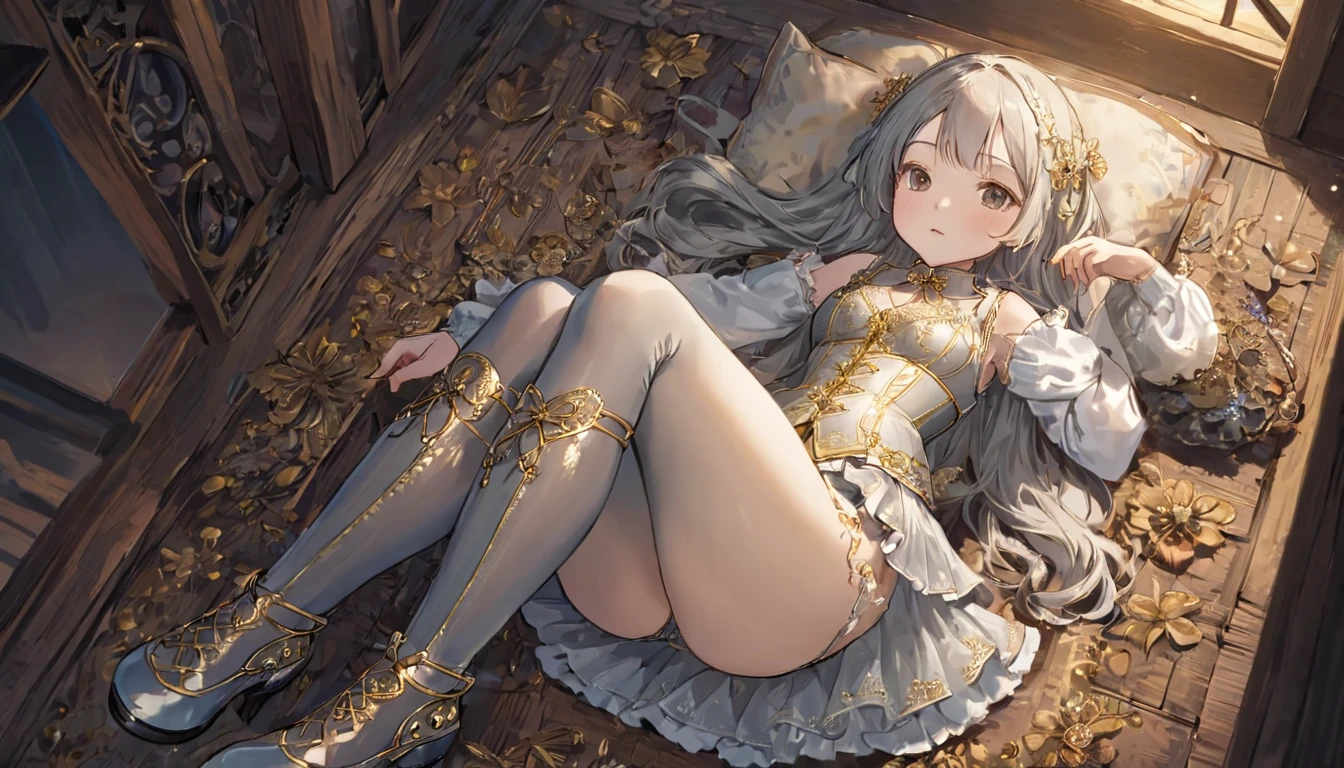 8 medieval girl, 1people、In underwear、Gold and silver thread embroidery、Translucent underwear drawers that reach below the knee(bloomers)Wearing、Wearing a semi-transparent corset、Translucent slip, Grey translucent tights、sleep