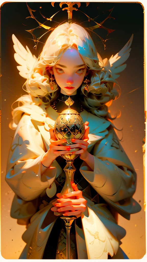 Anime style tarot card, 1 of Cups, young woman, beautiful face, holding the golden holy grail, white dove.