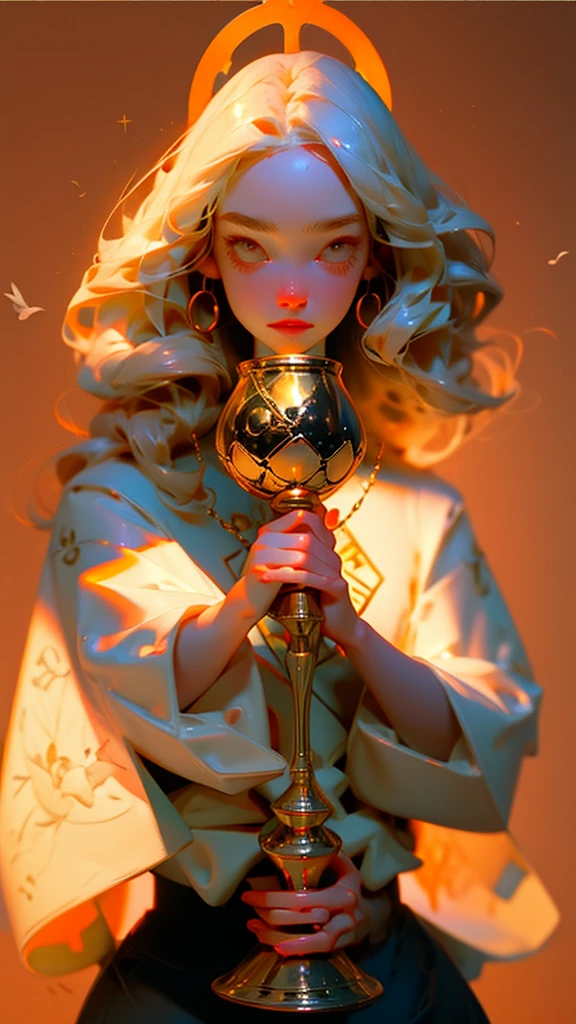 Anime style tarot card, 1 of Cups, young woman, beautiful face, holding the golden holy grail, white dove.