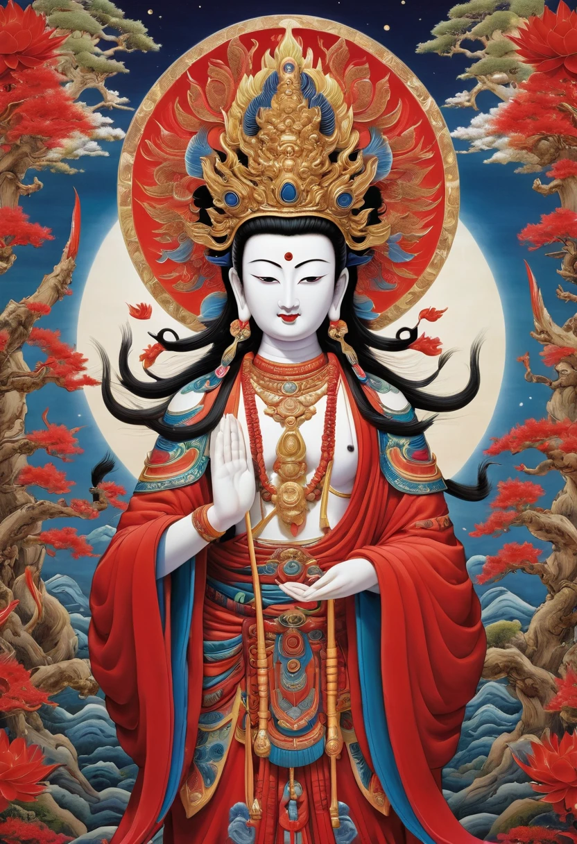 "Create an artwork featuring a mystical Avalokiteshvara (Thousand-Armed Bodhisattva) with wide-open eyes that have glowing red pupils. The figure should exude a sense of mystery and divinity with an androgynous appearance. Emphasize the thousand arms prominently displayed and gracefully arranged around the figure, each hand holding different symbolic items. The figure should be adorned in elaborate, traditional celestial robes primarily in red, excluding other primary colors, ensuring the upper body is fully clothed with these robes. The robes should resemble feathered garments (hāori) often depicted in ancient East Asian art. The background should enhance the mystical atmosphere with elements like ethereal light or an otherworldly landscape."