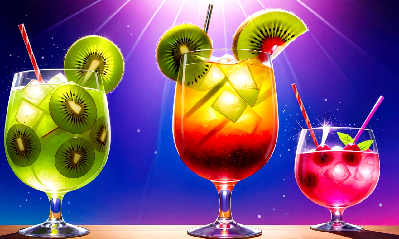 there is a glass of fruity drink with a slice of kiwi, cold drinks, drinking cocktail, mixing drinks, Vibrant colors!!, Vibrant colors, drink, beautiful , Shiny、Sparkling,purple ,pink ,green