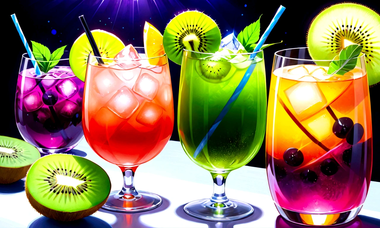 there is a glass of fruity drink with a slice of kiwi, cold drinks, drinking cocktail, mixing drinks, Vibrant colors!!, Vibrant colors, drink, beautiful , Shiny、Sparkling,purple ,pink ,green