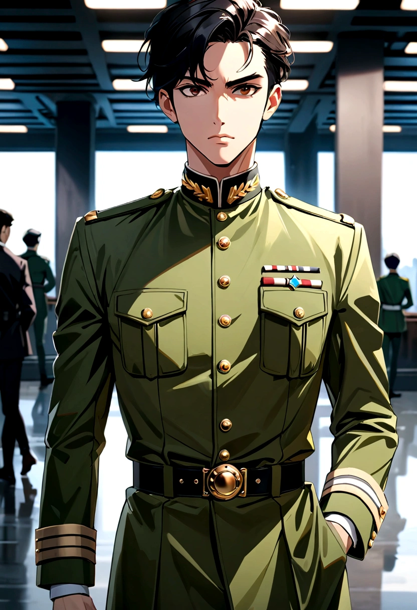 Anime characters in uniform standing in the corridor, there is a man in a suit, today's featured anime stills, the style of the red line anime movie, official art, high quality anime movie stills, official illustration, high quality, HD, high picture quality