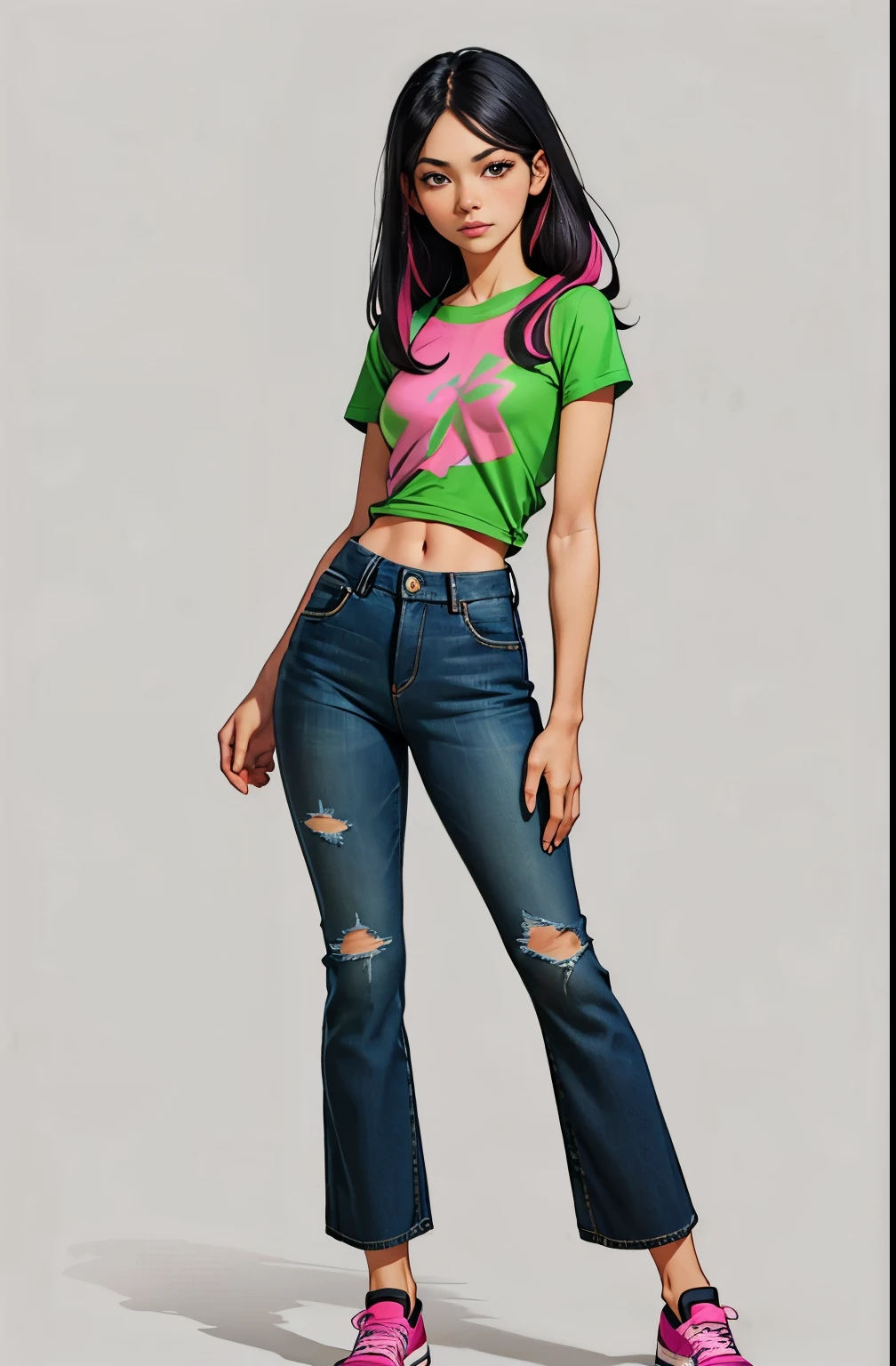 girl, portrait, small breasts, slim, long black hair with pink streak, juniper lee, hot, soft or colored lips, asian, short green shirt, loose jeans, big shoes, simple background, flat colors , perfect hands, perfect anatomy,