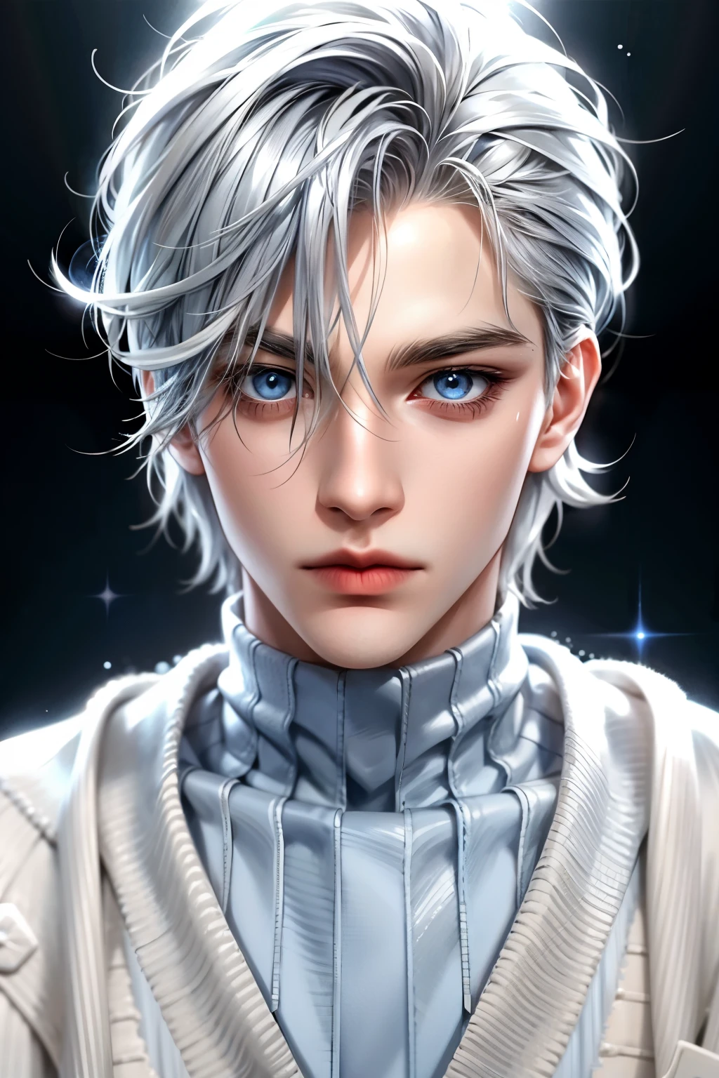 Boy, silver hair, blue eyes, serious sharp features, white skin, shiny lips, handsome, perfect, sweater