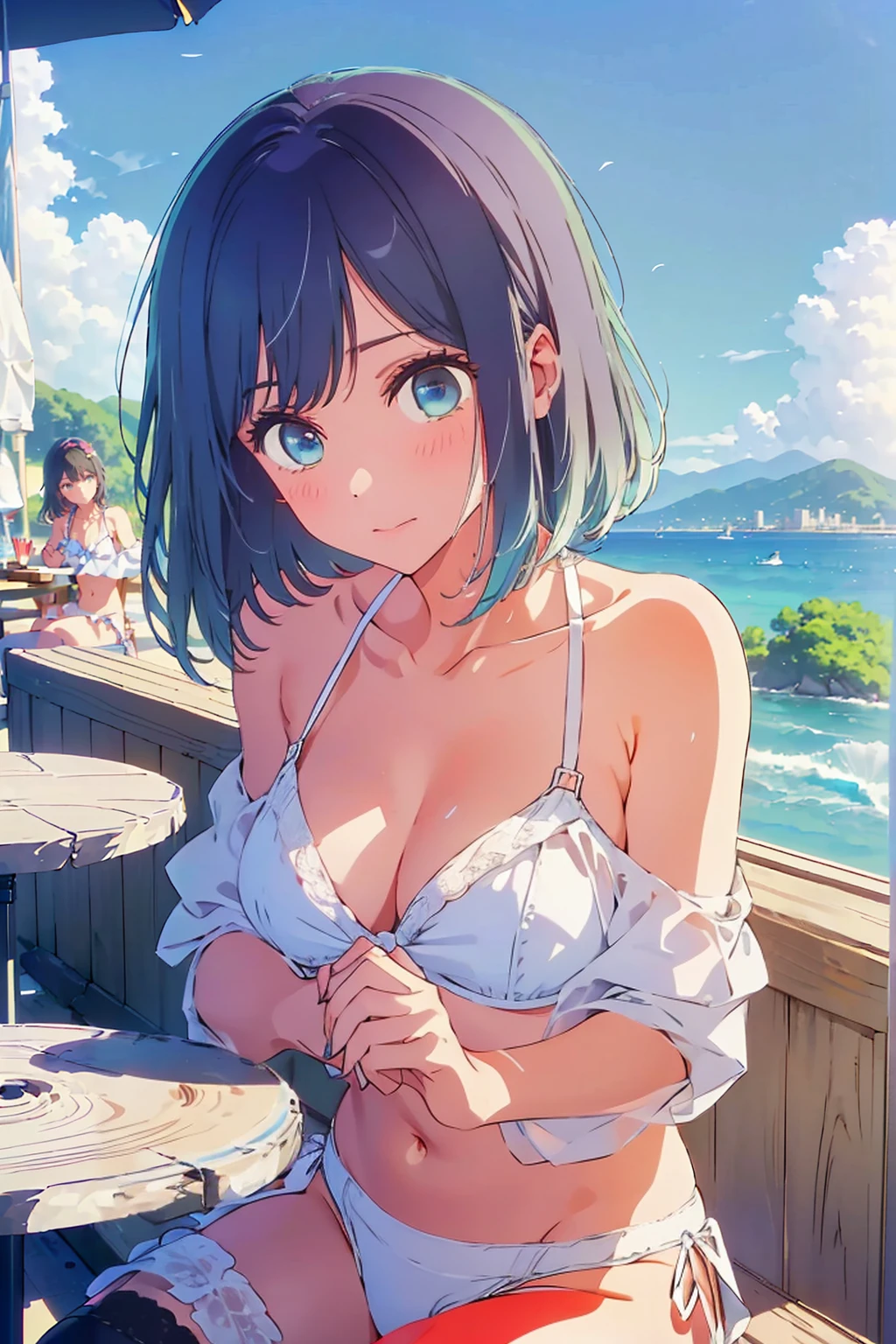 (Highest quality:1.4、8K:1.4、detailed)、F cup bust、Big Breasts、Slim body、Very white beautiful skin、((((1 person、Surprised expression、sit、Chair、In the background are the urban buildings of Tokyo、looking at the camera、Outdoor café terrace、coastal、Navy hair color、juice、Shooting up close、table、Very cute face))))、(Undoing the straps of her off-the-shoulder white bikini with her hands:1.5)、Very blue sky、A completely cloudless sky