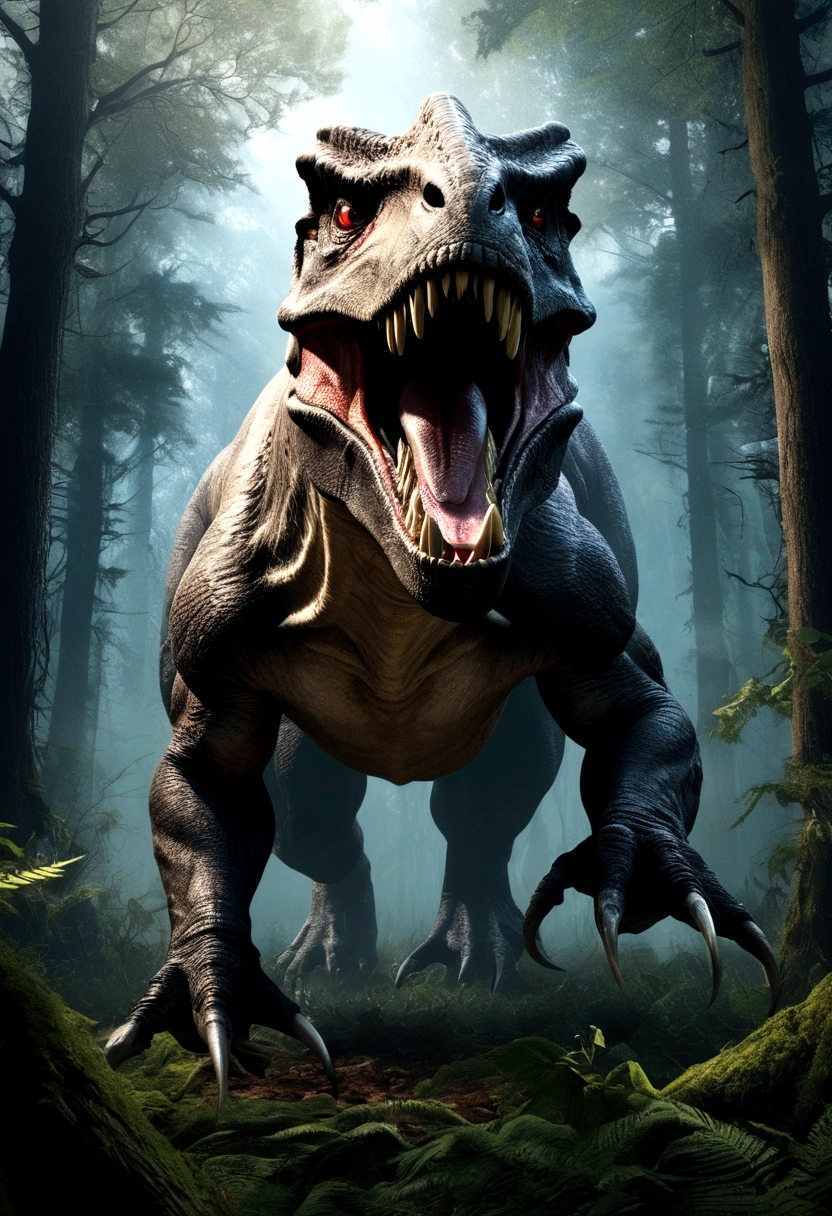 Fictional monsters from fantasy。Grow antlers on a Tyrannosaurus Creatures in the forest His eyes are shining Features。 Real An illustration Aggressive dark Impressive accurately Photo style Overall image