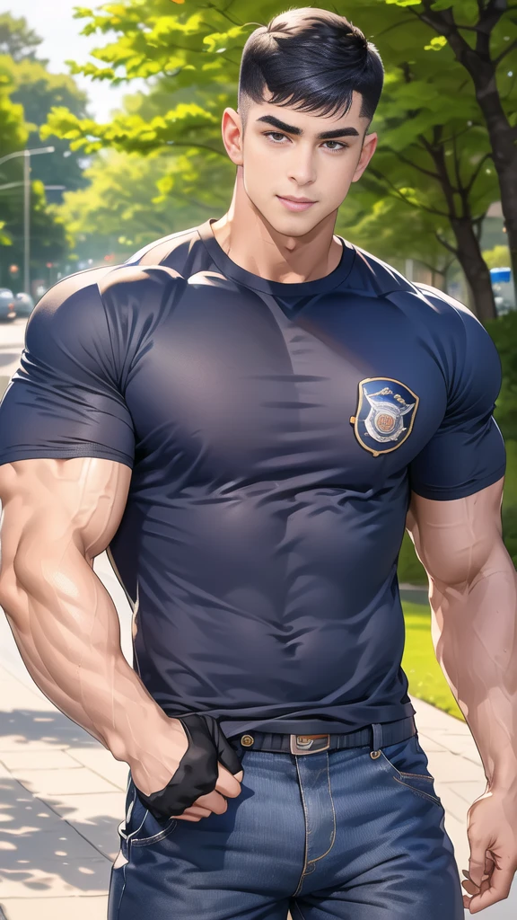 (handsome Man),(crew cut short hair:1.8),black eye,(Wear a fitted round neck t-shirt in navy with a police badge.:1.5),(fit neck),Navy blue jeans,(black_gloves:1.2), Korean guy,chest muscles,large arm muscles,blood vessel,Big muscles,Broad shoulders, (open mouth:1.2),(face up:1.2),(open eyes:1.5), middle of the road,smile, In front of the bread shop