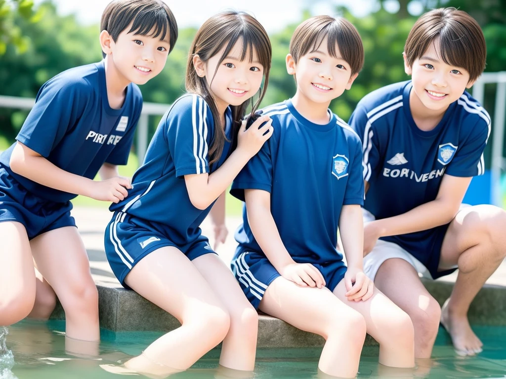 夏休みのprimary school校、Pool、primary school5Grade、Japan Boy、、A good boy dripping with water、hot day、Two Boys、Various poses、Short sleeve gym uniform、Blue shorts、physical education、barefoot,(Boy 1.4)、Boys only 、(10Age 1.4)