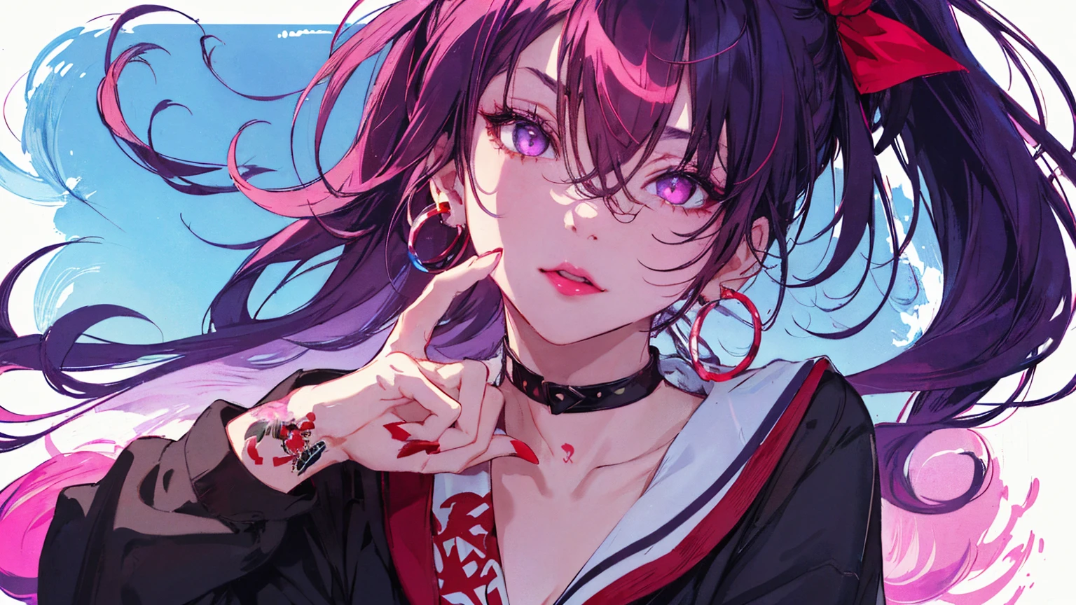 hair above one eye, Purple eyes, Clear Eyes, choker, Neon Shirt, torn legwear, open jacket、Blue pubic hair catches my eye,Bright red background、Red background, graffiti, Shineing grafiti, Shineing tattoos, Shine, Neon Light, Black light,Anime Style, movie portrait photography, 1 female, 22 years ago, Whole Body Ezbian,Big and ample breasts, anger, (Scarlet Hair), Long Hair, Purple eyes, wearing a short black dress, (Natural skin texture vivid details, Surreal, (Realistic eyes, Natural skin texture, Realistic facial details), Soft and dramatic lighting, Written boundary depth, Bokeh, vivid details, Surreal, 35mm movie, Absent-minded, movie,lipstick, ear piercing, eye shadow, Hoop Earrings, red pink lips, multicolored red eyes, Red background,Beautiful Eyes,Bold Pose、Strike a Pose,upper ponytail,drooping bangs,Droopy eyes、((school uniform))、high school girl