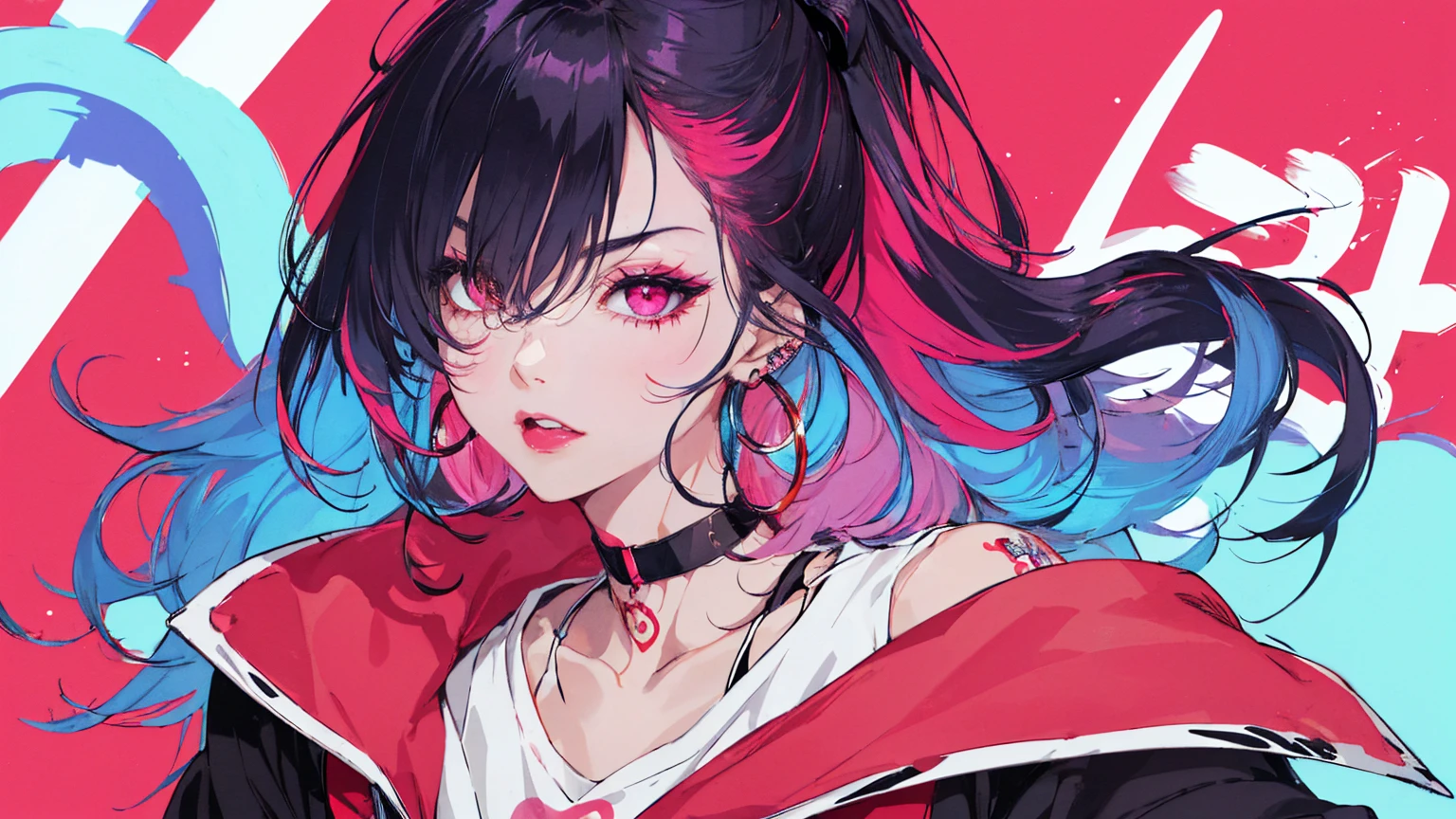 hair above one eye, Purple eyes, Clear Eyes, choker, Neon Shirt, torn legwear, open jacket、Blue pubic hair catches my eye,Bright red background、Red background, graffiti, Shineing grafiti, Shineing tattoos, Shine, Neon Light, Black light,Anime Style, movie portrait photography, 1 female, 22 years ago, Whole Body Ezbian,Big and ample breasts, anger, (Scarlet Hair), Long Hair, Purple eyes, wearing a short black dress, (Natural skin texture vivid details, Surreal, (Realistic eyes, Natural skin texture, Realistic facial details), Soft and dramatic lighting, Written boundary depth, Bokeh, vivid details, Surreal, 35mm movie, Absent-minded, movie,lipstick, ear piercing, eye shadow, Hoop Earrings, red pink lips, multicolored red eyes, Red background,Beautiful Eyes,Bold Pose、Strike a Pose,upper ponytail,drooping bangs,Droopy eyes、((school uniform))、high school girl
