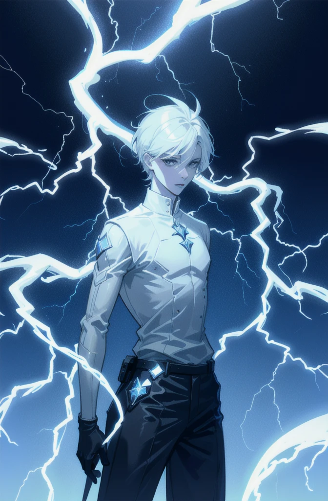 A 15-year-old teenage boy with an albino skin tone. He is an engineer and artificer, without facial or body hair. His hair is short and straight, colored white. The boy is wearing a futuristic cyberpunk in black and blue, futuristic style clothes, adorned with white lightning patterns. He is surrounded by an aura of white lightning, with a background featuring a scenery of rapid lightning and thunder. Thunder powers.