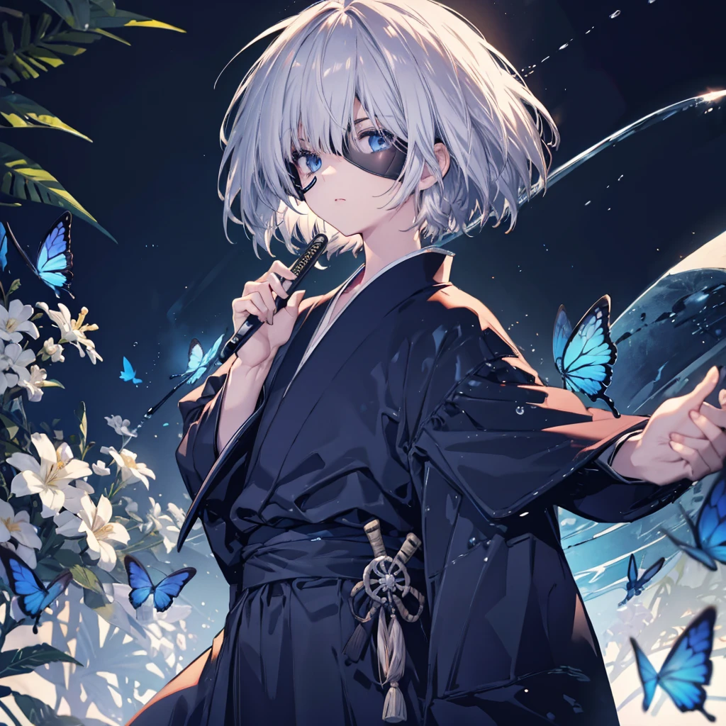 (((1 person Put on an eye patch Gray Hair))) ((High resolution short hair Black kimono Shoulder Rin々Funny face knifeを構える)) ((Black Band samurai Lonely despair blue eyes Close-up)) ((Blue Butterfly night Japanese style old Shining Aura garden water surface Catch the wind)) (dance 日本knife knife Slashing) 月night moonlight star Draw your sword Shining Background Shining Edge