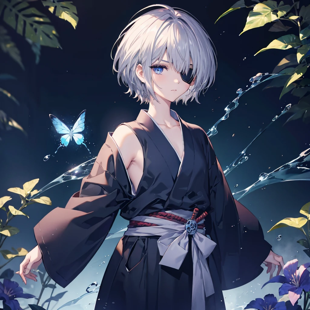 (((1 person Put on an eye patch Gray Hair))) ((High resolution short hair Black kimono Shoulder Rin々Funny face knifeを構える)) ((Black Band samurai Lonely despair blue eyes Close-up)) ((Blue Butterfly night Japanese style old Shining Aura garden water surface Catch the wind)) (dance 日本knife knife Slashing) 月night moonlight star Draw your sword Shining Background Shining Edge