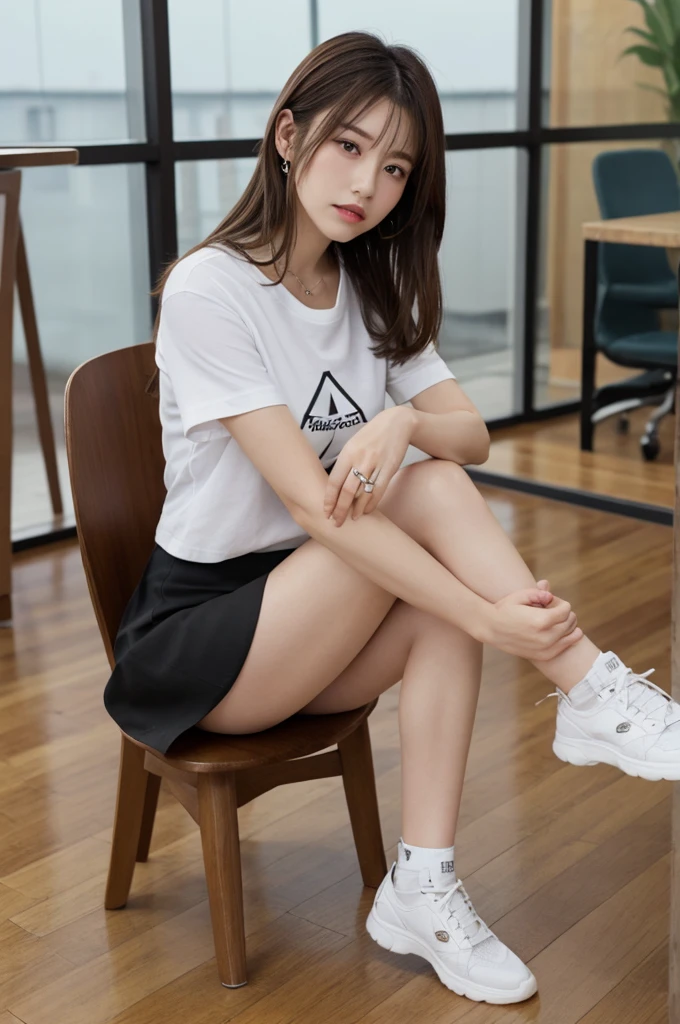 Japanese Beauty、Brown Hair、Barely、Black mini skirt、White T-shirt、indoor、Thighs、White legs、Flooring Triangle sitting