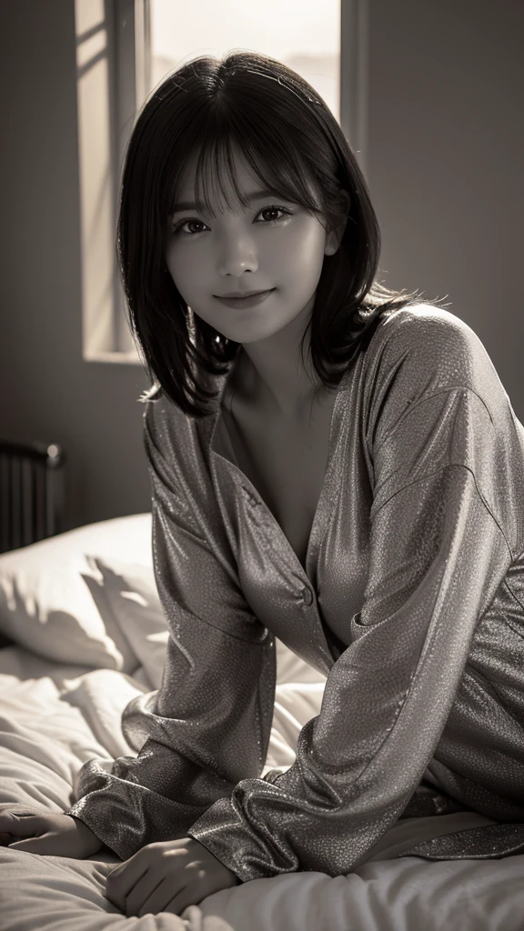 (highest quality,8K,masterpiece:1.3,),(ultra high resolution,photorealistic:1.4,RAW photo),(Super detailed,caustics),[lora:siitake-eye:0.4],[lora:flat2:0.4],(monochrome photography:1.2),bed,blanket,(sleep on your stomach:1.1),18-year-old,cute,Black Hair Middle Hair,Smiling and looking at the camera,Silk Pajamas,(big ),Sunset through the window,(Backlight),(front shot),bust up shot,(face focus:1.2),(Face close-up:1.2),(low position:1.2),(Low - Angle:1.2)