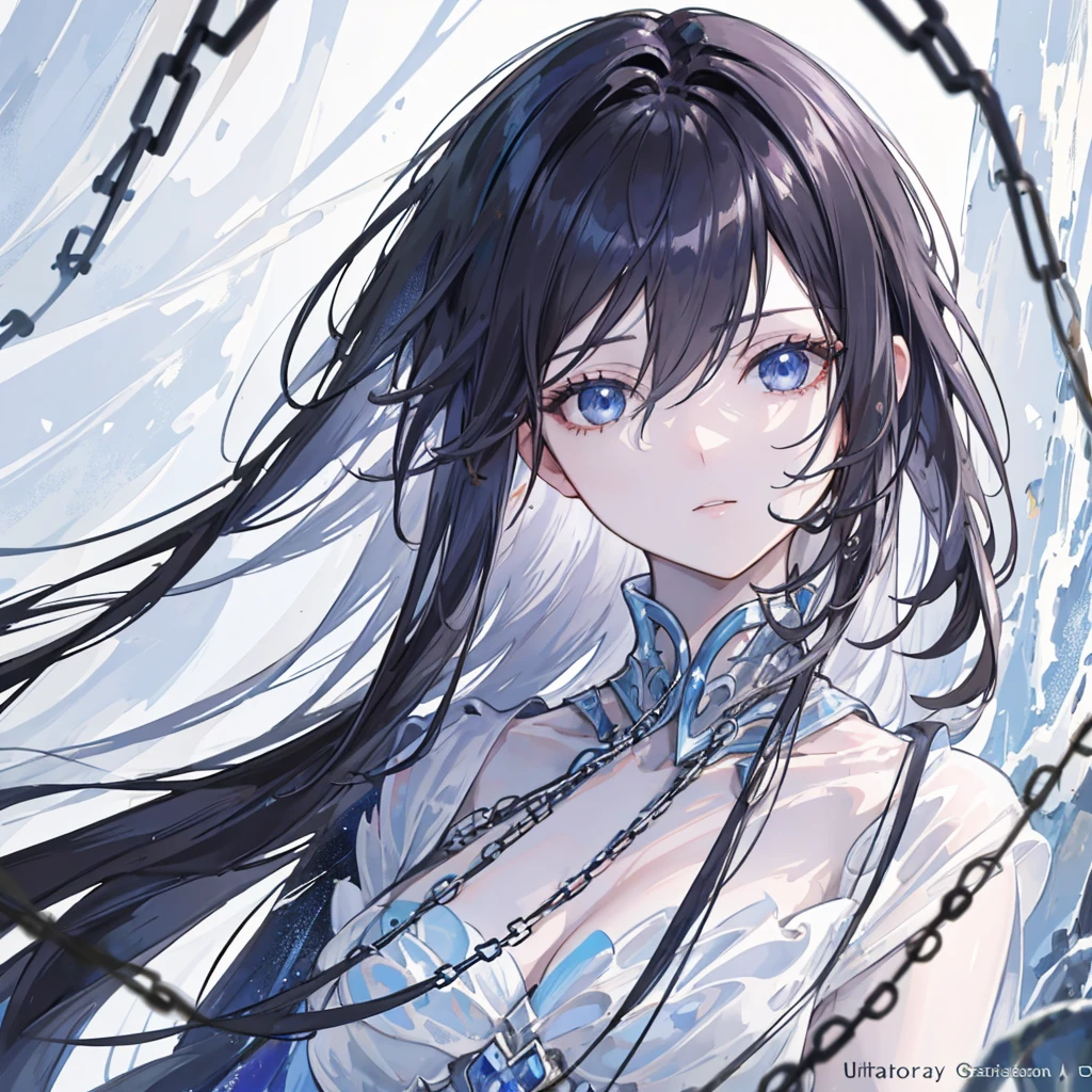 High definition RAW color art, Sculpture of an adventurer lady, Train marble skin, High angle, chains, (((Ultra detailed elegant))), Magical atmosphere, Face Focus, Waterfall, twinkle eyes, White and white room