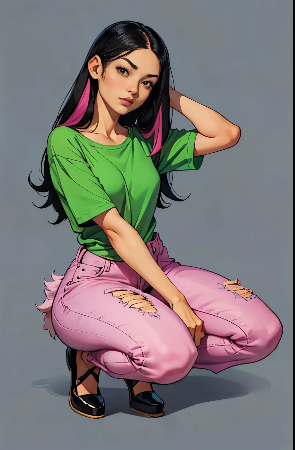 girl, portrait, small breasts, slim, long black hair with pink streak, juniper lee, hot, soft or colored lips, asian, short green shirt, loose jeans, big shoes, simple background, flat colors , perfect hands, perfect anatomy,