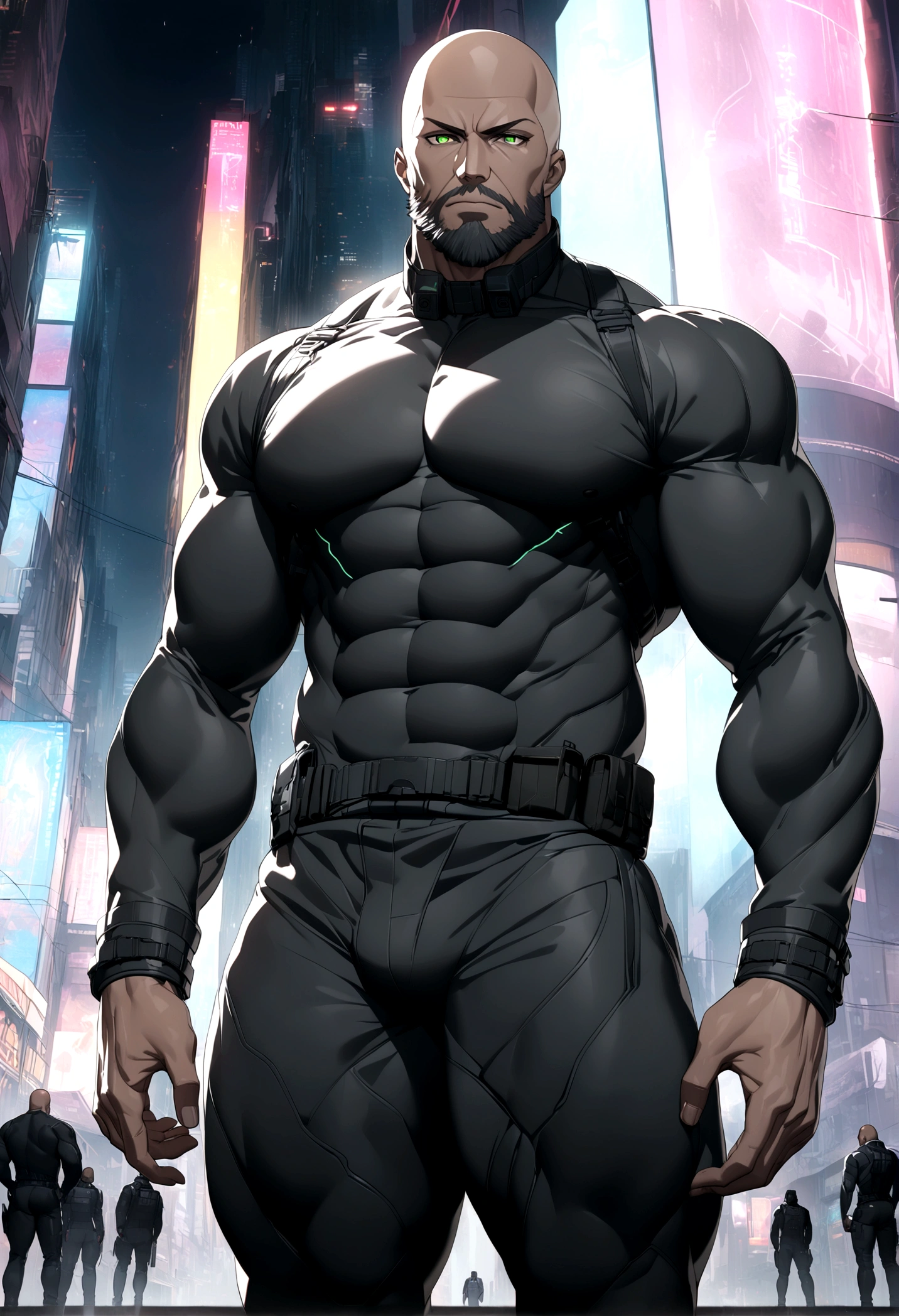 (masterpiece, 32k, 8k, cgi, cyberpunk effect), man, 46 years old, tanned black skin, deep green eyes, serious expression, bald, black Swat uniform, cyberpunk city setting, full black beard, face with very masculine features, tall and muscular man