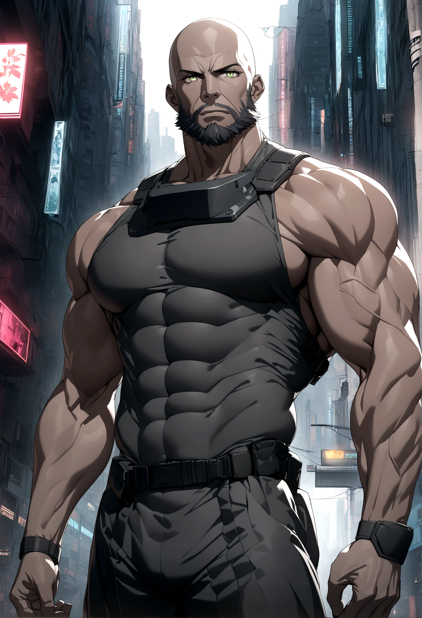 (masterpiece, 32k, 8k, cgi, cyberpunk effect), man, 46 years old, tanned black skin, deep green eyes, serious expression, bald, black Swat uniform, cyberpunk city setting, full black beard, face with very masculine features, tall and muscular man