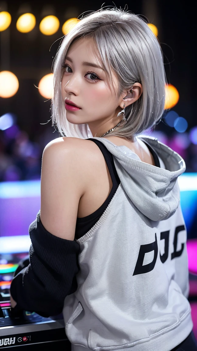 highest quality, Tabletop, 超A high resolution, (Realistic:1.4), (Japanese Idols),RAW Photos, One Girl, night,Detailed skin,nightclub,disco,(bionde:1.2), (silver inner hair:1.3),Glossy lips,28 years old,Beautiful and beautiful eyes,eye shadow,Diamond jewellery,Earrings,Gold Jewelry,(hoodies:1.3),,(Strengthening shoulders:1.2),A well-trained body,(Pixie Cut),Round face,(playing music as a dj:1.5),  (dj:1.2) playing at a vibrant (music festival:1.2) with (energetic crowd:1.1) and (colorful stage lights:1.1), (Back view:1.5 ),Back view,(Distant composition),(back of head),Composition from behind,(Facing the opposite direction:1.5)