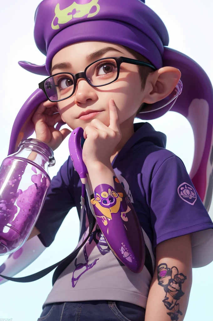 a close up of a cartoon character with a purple hat and glasses, a raytraced image inspired by Nyuju Stumpy Brown, tumblr, realism, with splatoon style, squid, portrait of a squid wizard, with a squid tattoo, squids, with a squid tattoo on his arms, splatoon 3, holding a squid, splatoon, full body picture, lineless