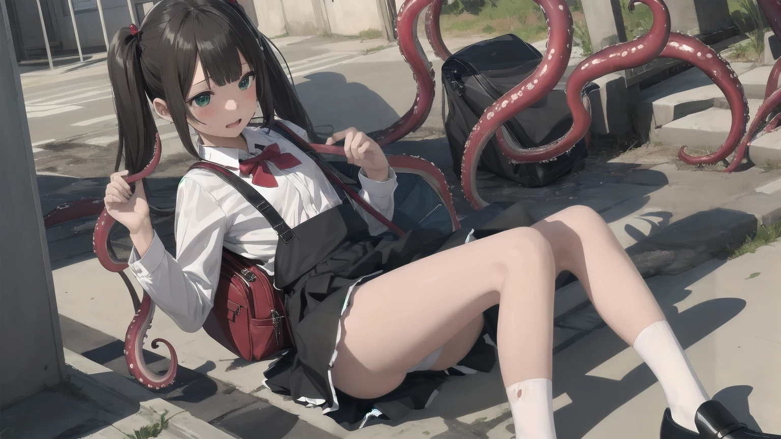 One girl,Highest quality,Super detailed,High resolution,(photoRealistic, Realistic, photo-Realistic:1.2),(9,Flat Chest),bangs,(smile:0.3),,shigure ui (virtual),Dilapidated,,Backpack,bag,bangs,Black Dress,Black footwear,blush,Pompom hair ornament,Collared shirt,Green Eyes,Knee-high,Light brown hair,loafers,Long sleeve,Apron dress,Pleated dress,school bag,Red Bow,,Sleeveless dress,Twin tails,White legwear,White shirt,anime,Spread your legs,orgasm,blush, Sweat,White panties、Squat、Look at this、skirt、、Attacked by tentacles、Tentacles wrap around my legs、Tentacles in the crotch、Captured by tentacles、cry、shout、Ecstasy face、skirtの中の触手、Do not run away、Lying down、Torn clothes、skirtの下からスパッツが見えます、Spread your legs、Disheveled clothing、skirtをめくっる