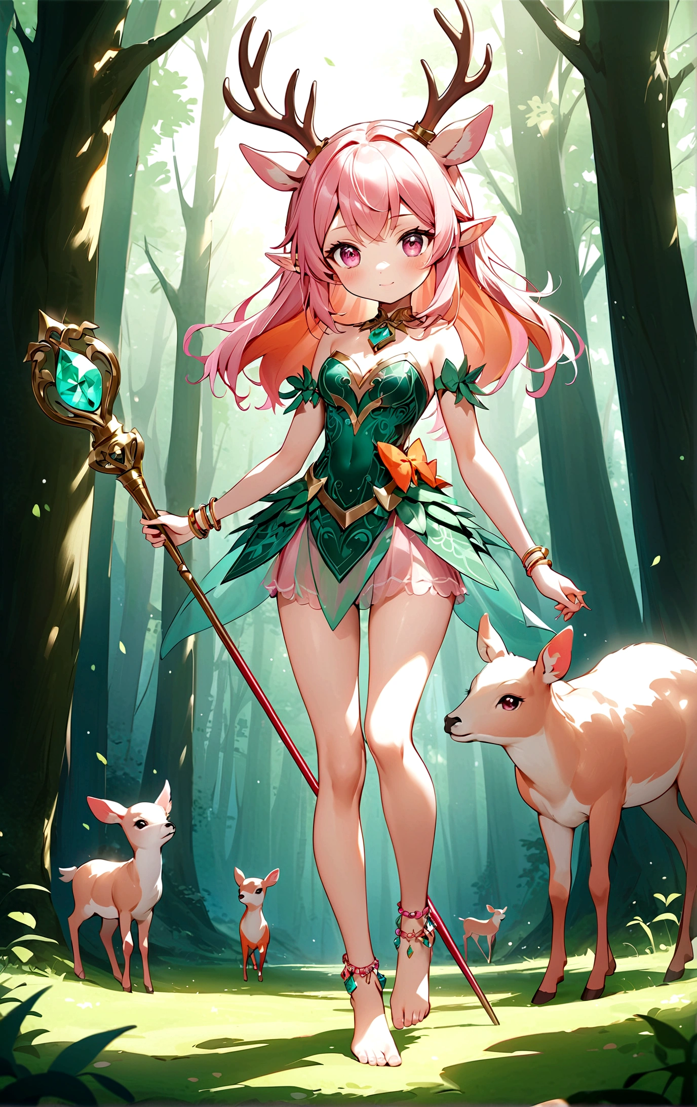 game character,Cartoon anime style,beautiful girl,Cute expression,Fluffy pink hair,Pink Eyes,Cute pink deer antlers,Elf ears,Orange tulle short skirt,Metal gem-encrusted scepter glows,Slender legs,Standing barefoot,Bells on anklets。(((Correct human anatomy))),In the magic forest,A cute white deer