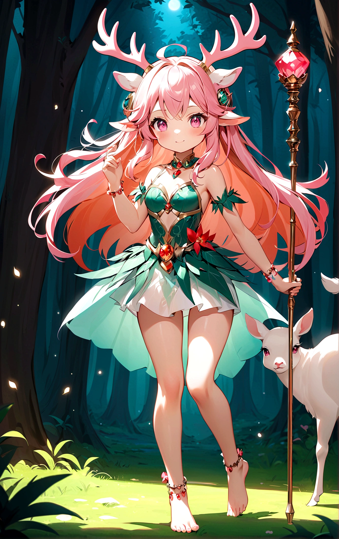 game character,Cartoon anime style,beautiful girl,Cute expression,Fluffy pink hair,Pink Eyes,Cute pink deer antlers,Elf ears,Orange tulle short skirt,Metal gem-encrusted scepter glows,Slender legs,Standing barefoot,Bells on anklets。(((Correct human anatomy))),In the magic forest,A cute white deer